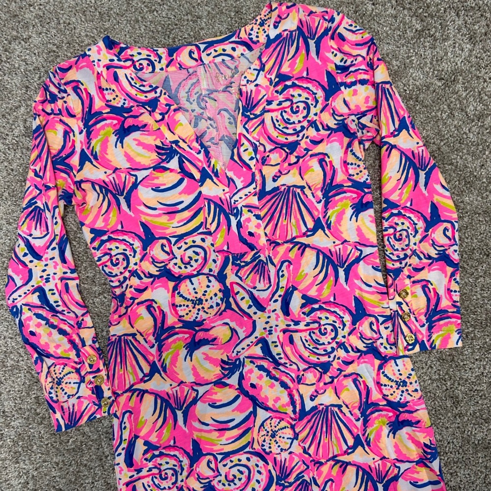 Lilly Pulitzer Riva Dress Women's XXS Pink Blue Print Pima‎ Cotton 3/4 Sleeve